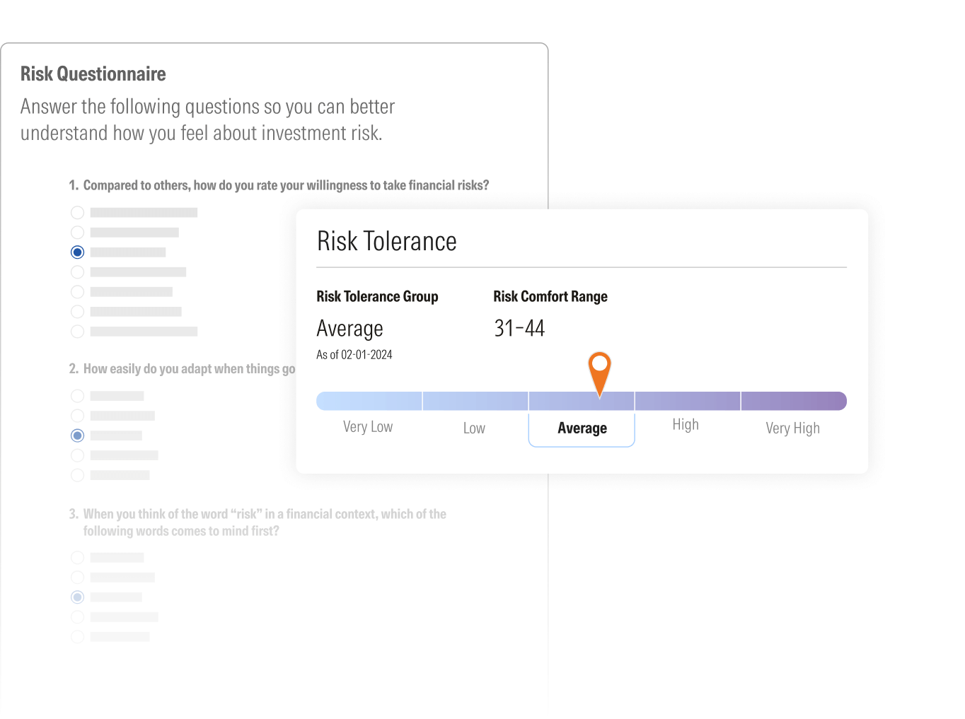 direct-directadvisorysuite-riskprofiling-showcase-riskprofiler-250424@1.5x.png: A screen showing a "Risk Questionnaire" with the title "Answer the following questions so you better understand how you feel about investment risk." The first question is partially visible: "1. Compared to others, how do you rate your willingness to take financial risks?" with multiple-choice options. A pop-up on the right displays "Risk Tolerance," indicating a "Risk Tolerance Group" of "Average" and a "Risk Comfort Range" of "31-44," with an orange marker on "Average" on a horizontal risk spectrum.
