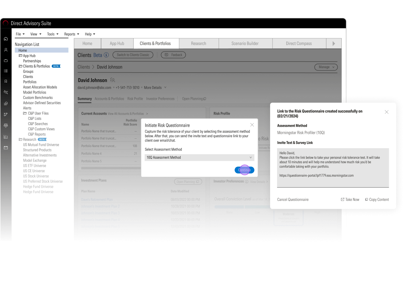 A screenshot of the "Direct Advisory Suite" interface, specifically the "Clients & Portfolios" section for "David Johnson." A modal window titled "Initiate Risk Questionnaire" is open, allowing selection of an "Assessment Method" (Morningstar Risk Profiler (10Q) selected). Another pop-up confirms "Link to the Risk Questionnaire created successfully" and provides a link and an option to "Invite Text & Survey Link" with a pre-written email message.